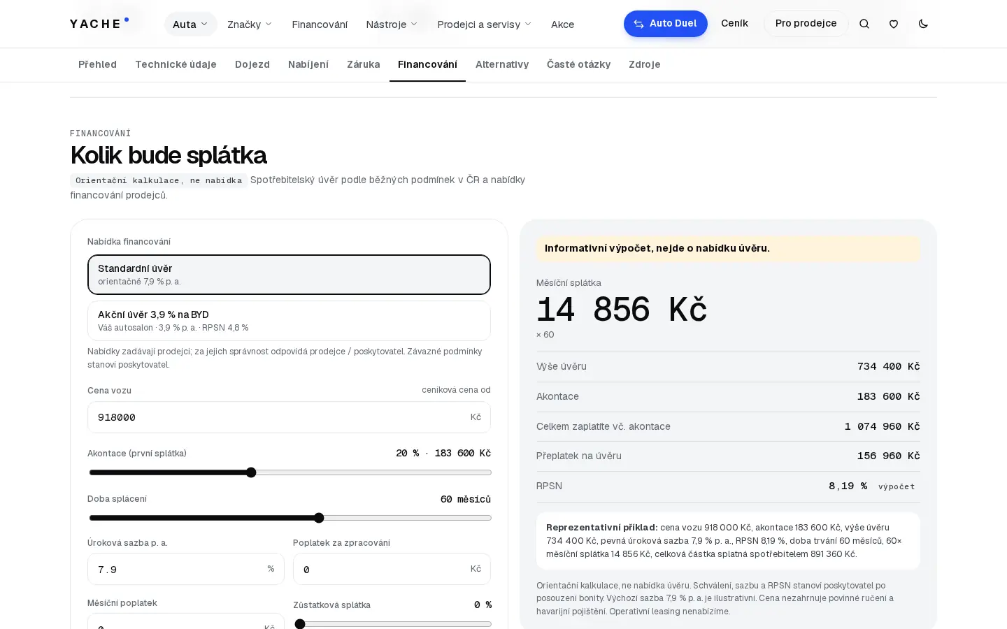 Nabídky financování a kalkulačka splátky u modelu