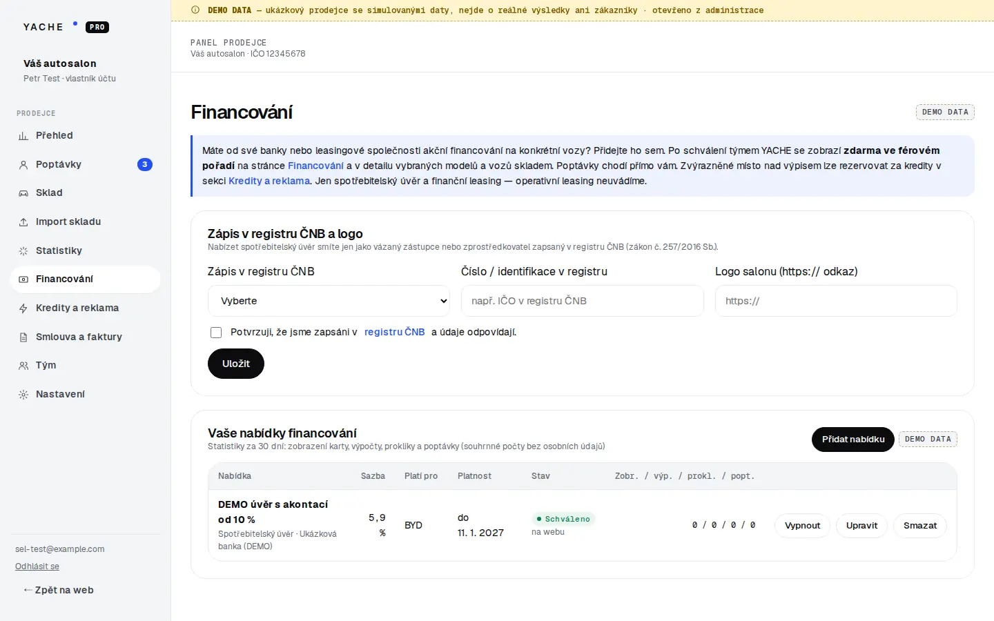 Panel prodejce: nabídky financování (DEMO data)