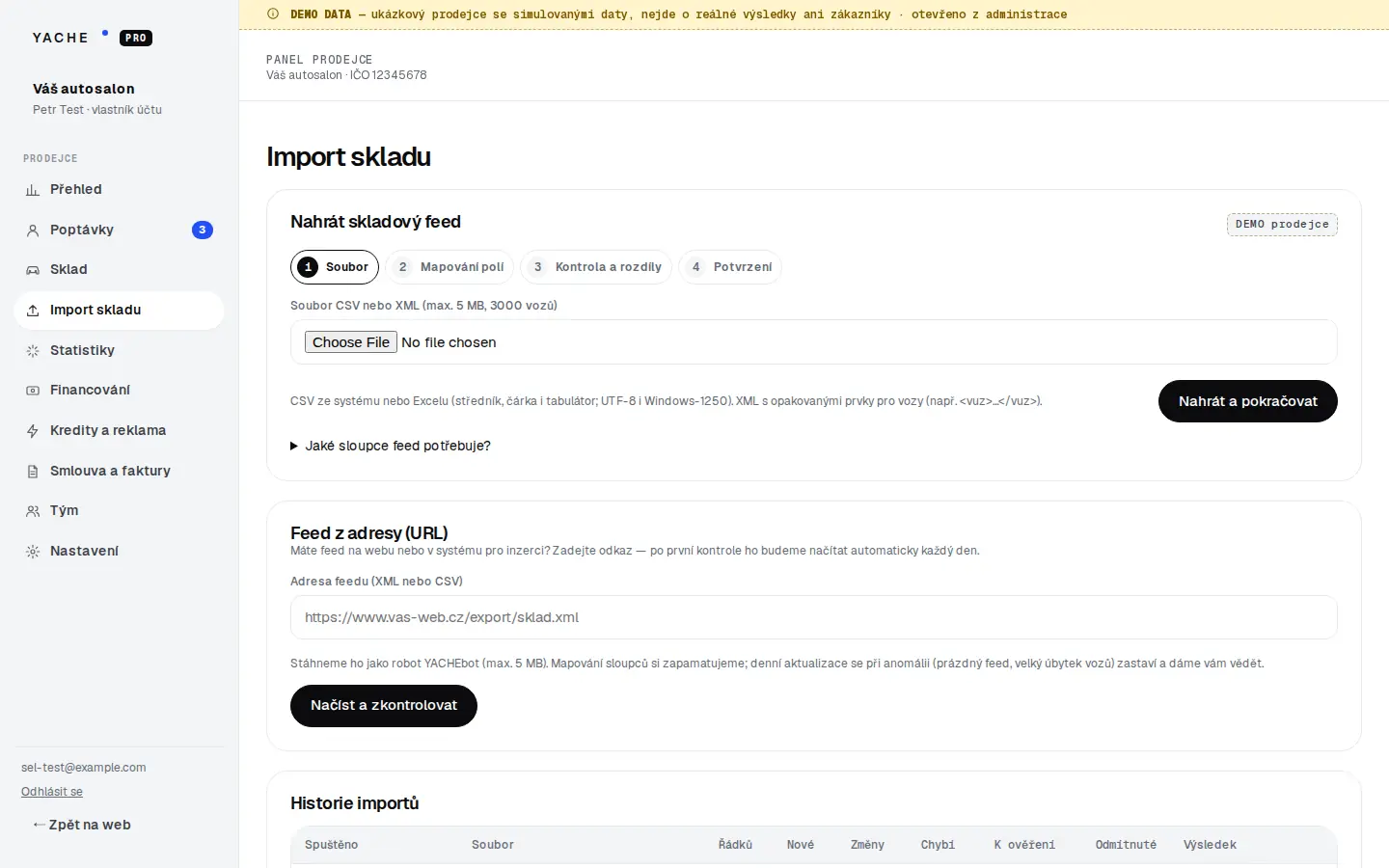 Panel prodejce: import skladu ze souboru nebo feedu