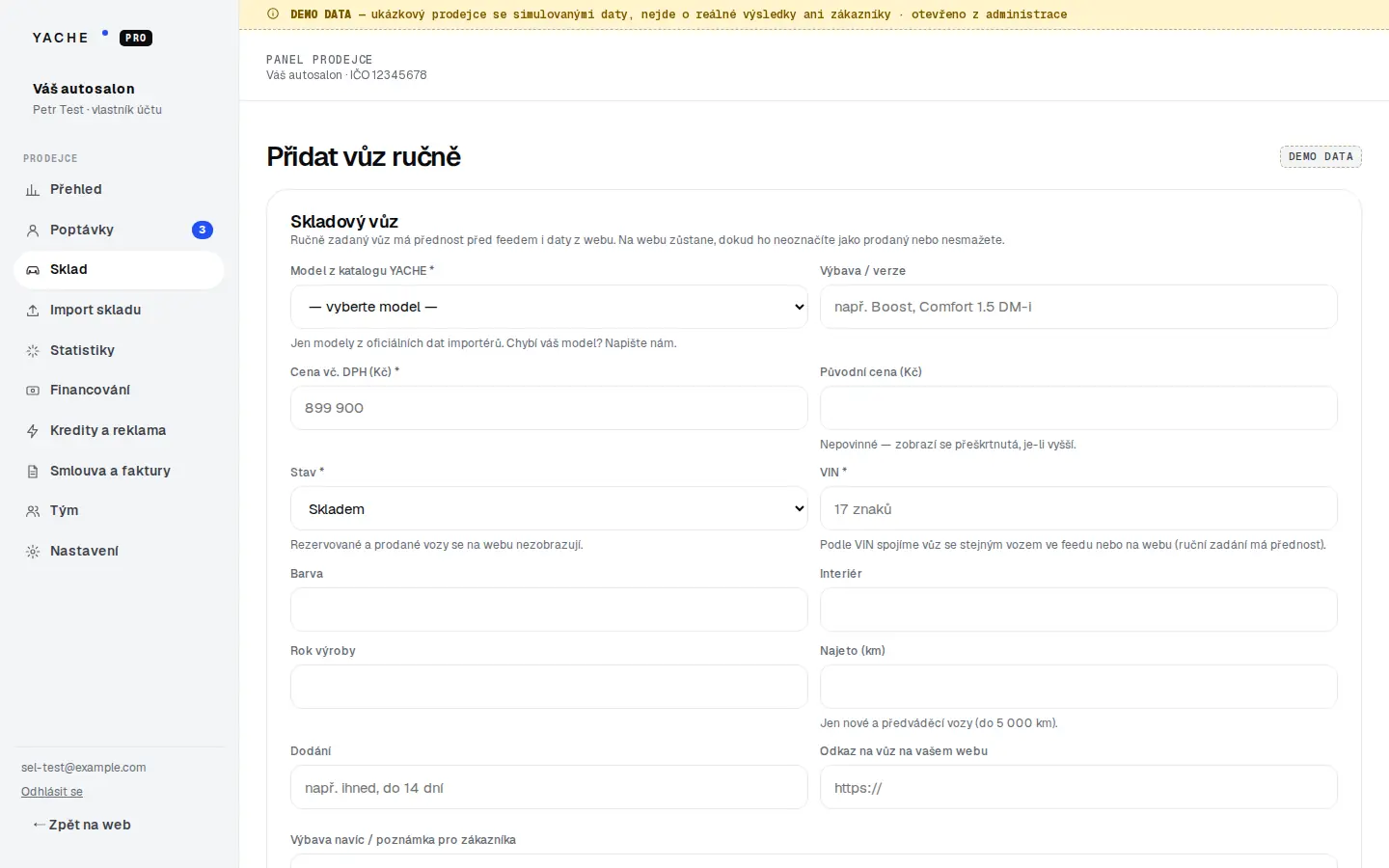 Panel prodejce: ruční přidání vozu