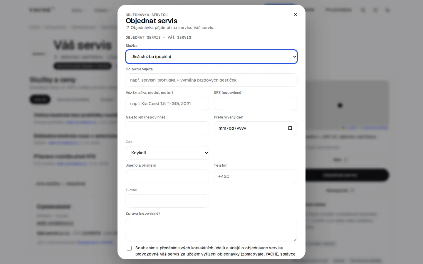 Formulář objednávky servisu