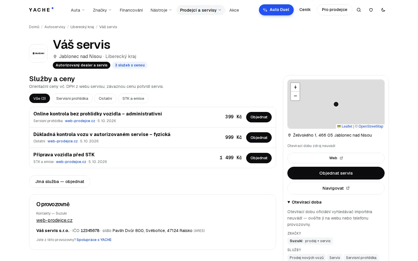 Profil servisu se službami, cenami a značkami