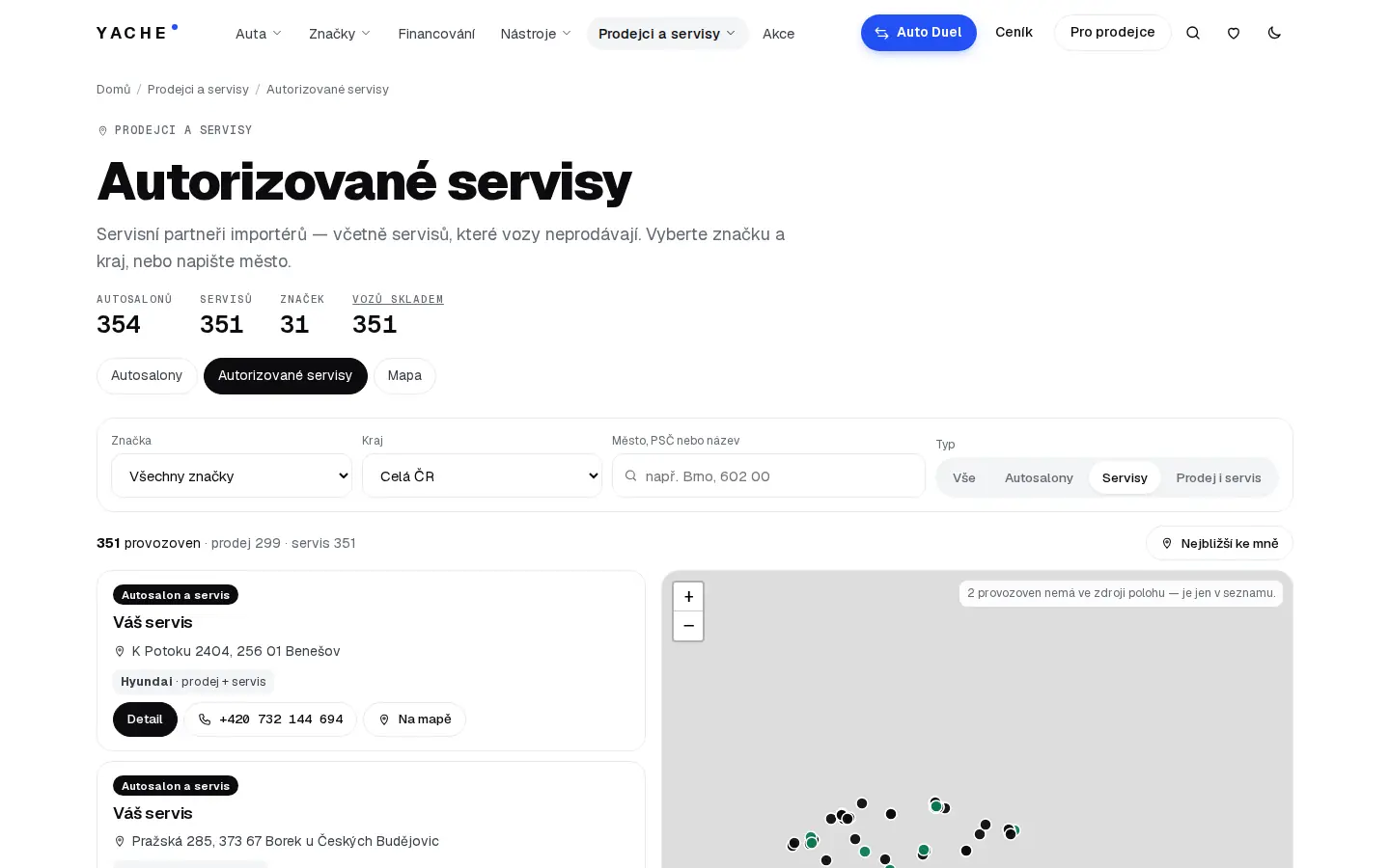 Přehled servisů s filtrem podle značky a místa