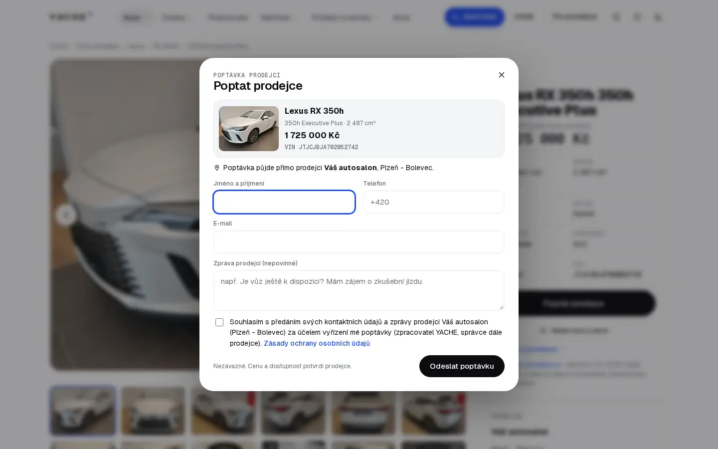 Detail vozu skladem s poptávkovým formulářem